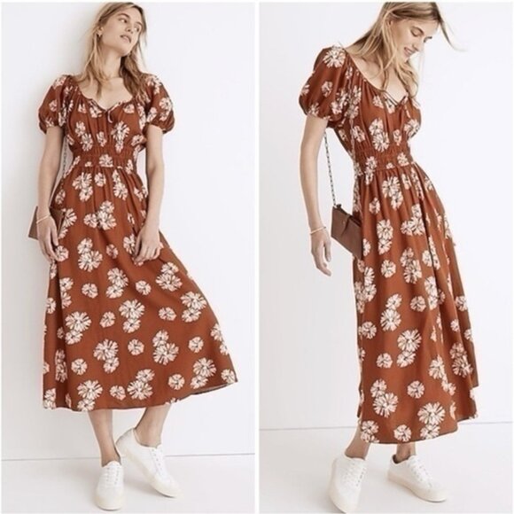 Madewell Sophia Midi Dress in Rusty Torch Linen Blend Milkmaid Boho Floral sz M - Picture 11 of 11